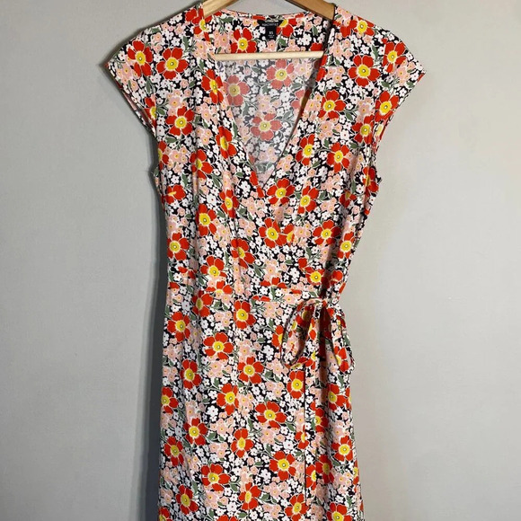 J.Crew Mercantile Short Sleeve Floral Midi Wrap Dress Women's XS Orange V-Neck - Picture 6 of 14